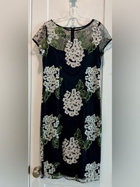 Adrianna Papell Black Dress with White Floral Embroidery